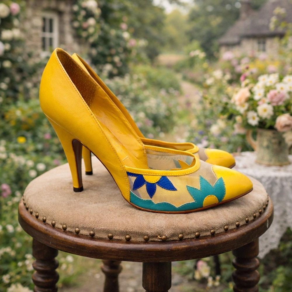 Vintage 70’s/80s Imperial Yellow Floral Mesh Pumps